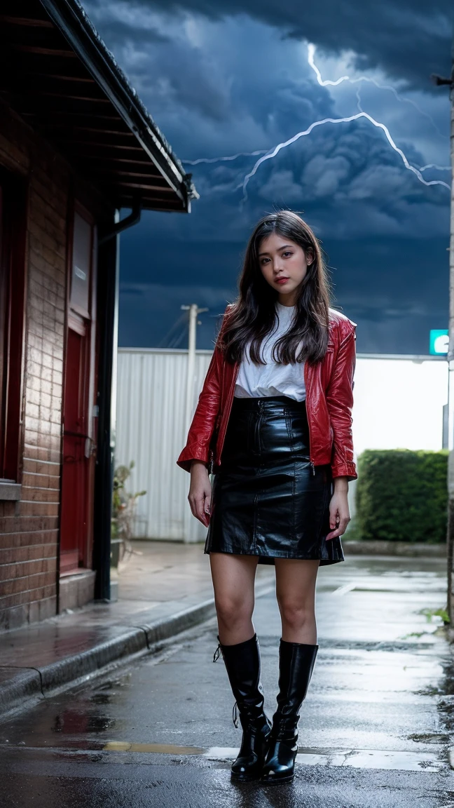 ulzzang-6500-v1.1, (RAW photo:1.2), (Photoreal), (genuine:1.4), 1 Japanese girl, warframe, complicated pattern, heavy metal, energy line, faceless, shining eyes, elegant, intense, blood red and black uniform, alone, modern, city, street, dark clouds, thunderstorm, heavy rain,, dramatic lighting,, (masterpiece:1.2), highest quality, High resolution,   beautiful, very detailed, perfect lighting, full body shot:1.05,  