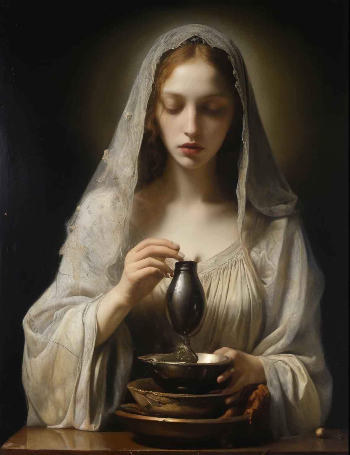 James Gurney, Surrealist art , dream-like, Mysterious, Provocative, symbolic, Complex, detailed,, (Gothic but very beautiful:1.4), (masterpiece, highest quality:1.4) , Nicola Samori Style, Mary Magdalene、sesame oil pot
