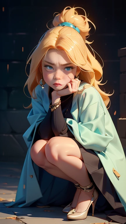 A finely detailed ((8K quality, masterpiece) showing a girl (((full body))), (((standing))), mature woman. Her medium-length blonde hair falls gently over her shoulders. She has (((full detail))) almond-shaped aquamarine eyes reflecting a mix of anger and sadness, with tears running down her flushed cheeks Her facial expression shows a (((very exaggerated pout))), with her ( ((cheeks puffed out in a very exaggerated way))) She wears an elegant open jacket over an elegant skirt, with long quivering sleeves. Finally, she wears high heels that complete her elegant soft and dramatic ensemble, emphasizing her facial features. and its emotional expression.