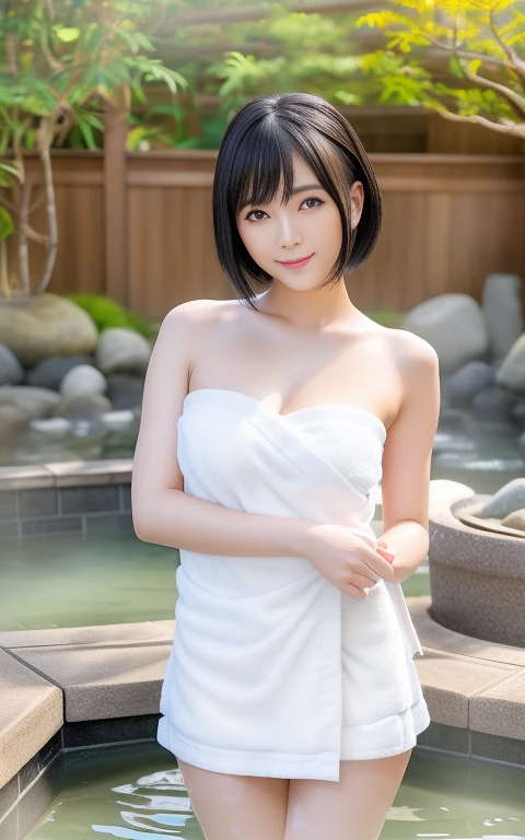 Masterpiece, Best-quality, RAW-photo, Ultra-High-Resolution, Photorealistic, (Anatomically correct, 22-years-old, Realistic Japanese girl, photographer's lover, She truly loves photographer, baby face, cute face, Slender body, slim waist and busty body, Slender legs, Realistic skin), ((take a bath)), ((wrap a towel around body:1.3)), (maiko, Round face, Black hair, Moist eyes, Shining eyes, Short bob cut, Bangs, Down-slating eyebrows, one little earring, Light blush), (See photographer, look at viewer, standing, she is soaking in a hot spring bath), (goddess smile, pamper someone you love, facial expressions that seduce men), (Japanese hot springs, open-air bath), Natural lighting, bright lighting, professional lighting, (front lighting), natural smile, fair skin, beautiful thighs,
