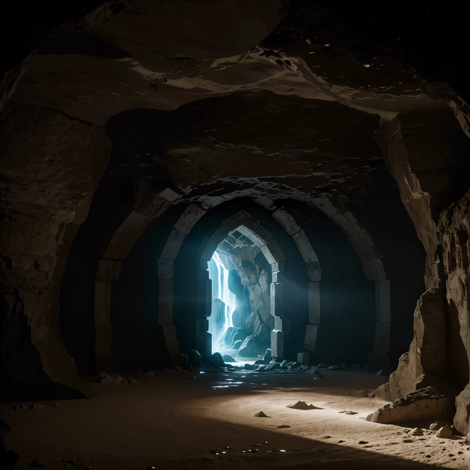 Underground caveForgotten Gate of Time and Space.,Room with waterfall,Forgotten Gateway of Time and Space/Forgotten Gate of Time and Space/Forgotten Door to Time and Space Fantasy Design, Luxurious environment, Underground cave environment, In a futuristic desert palace, Beautiful fantasy cave scene, futuristic setting, A cozy bathroom hidden in a cave, Surreal sci-fi set design, Inside a cave, Beautiful aesthetic design, star wars setting, cave, Inside a cave, cave town, Cave ambient lighting.Forgotten Gate of Time and Space