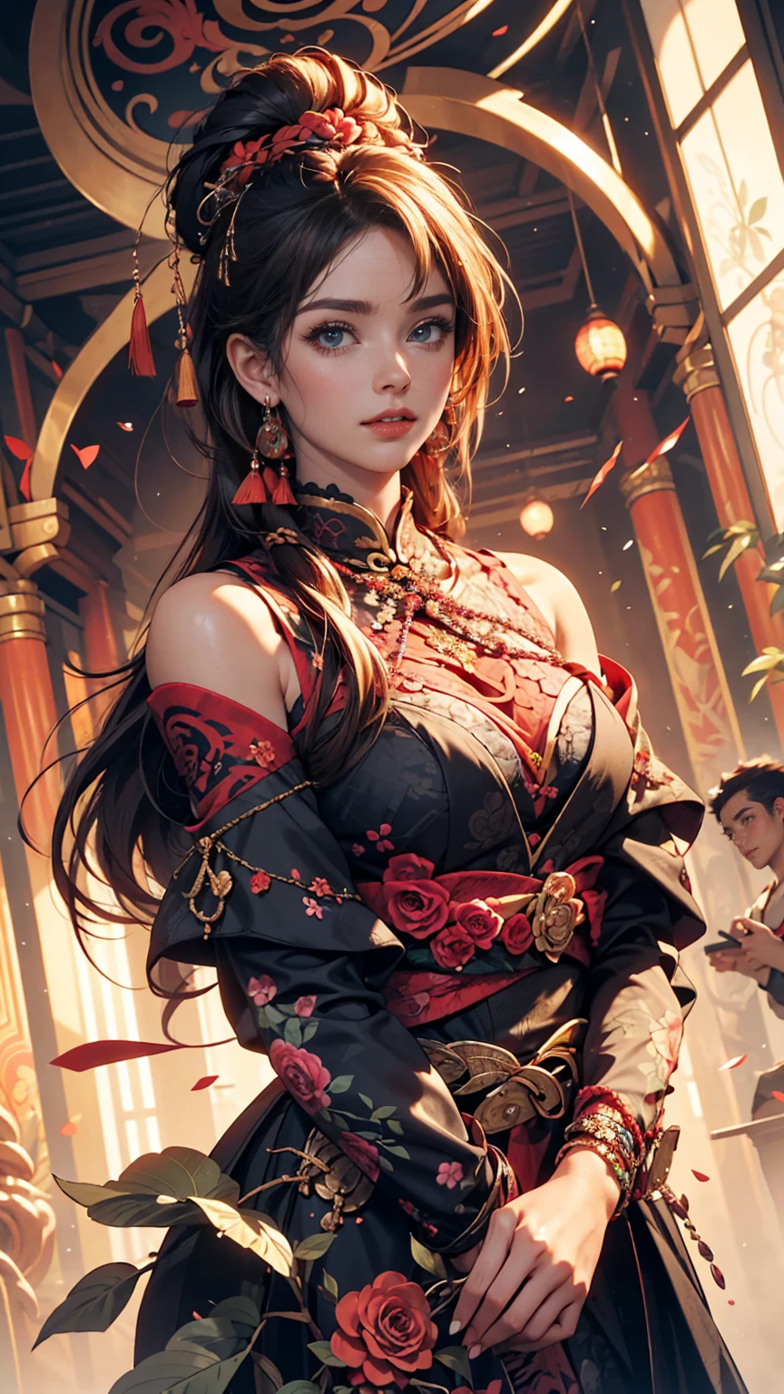 Official Art, unity 8k wallpaper, Super detailed, beautifully、aesthetic, masterpiece, highest quality, Chinese style, (zenTangle, Mandala, Tangle, enTangle), Flower Ecstasy, One girl, Very detailed, Dynamic Angle, Cowboy Shot, The most beautiful form of chaos, elegant, Brutalist design, Vibrant colors, Romanticism, James Jean, Robbie Dowie Anton, Ross Tran, Francis Bacon, Michael Mraz, Adrian's genius, Petra Cortright, Gerhard Richter, Takato Yamamoto, Ashley Wood, atmosphere