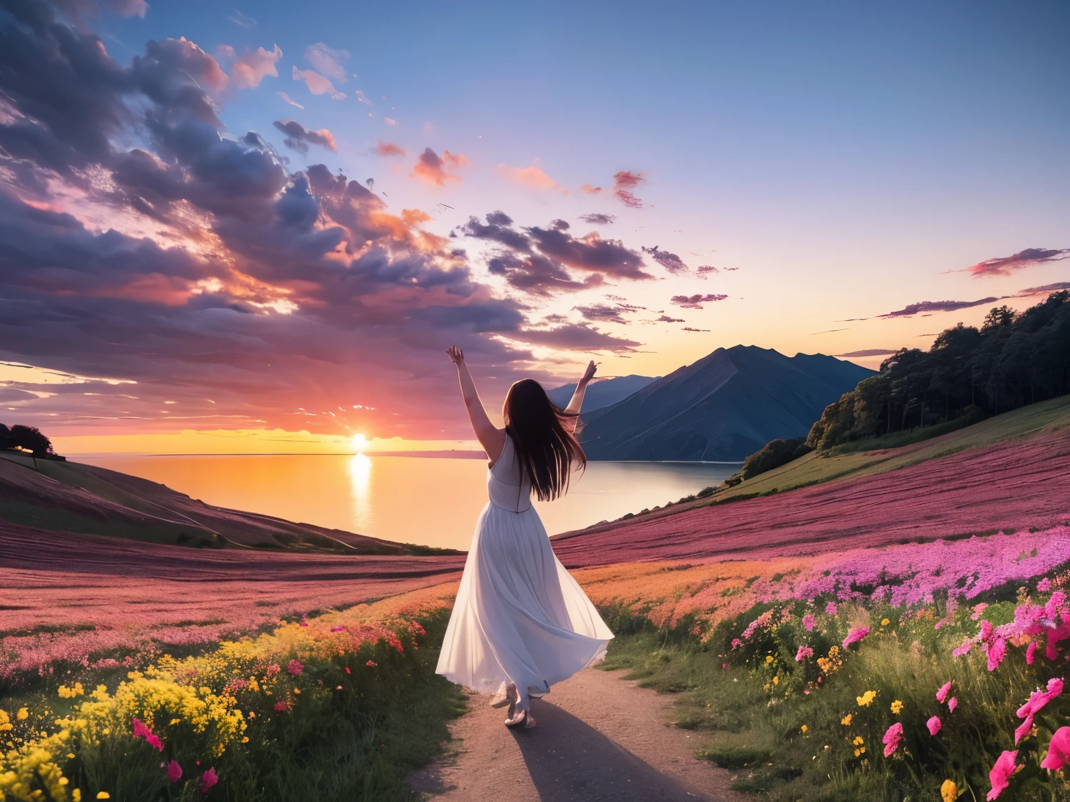 Have a beautiful sunset, The hills are covered with flowers and plants., The flowers are approaching, Colorful sky, Surreal colors, Colorful sunset, Colorful sky, Beautiful skyの反射, Beautiful sky, Fantastic atmosphere 8K, Multicolored clouds, Colored reflections on the lake, Unreal sky, Red and blue reflections, Fire Reflection, Beautiful sky, Beautiful and spectacular sunset, Beautiful dream landscape, Beautiful sky、A woman who is grateful for the blessings of nature,alone,With arms outstretched,Looking up at the sky、Depth of written boundary、Beautiful sight、