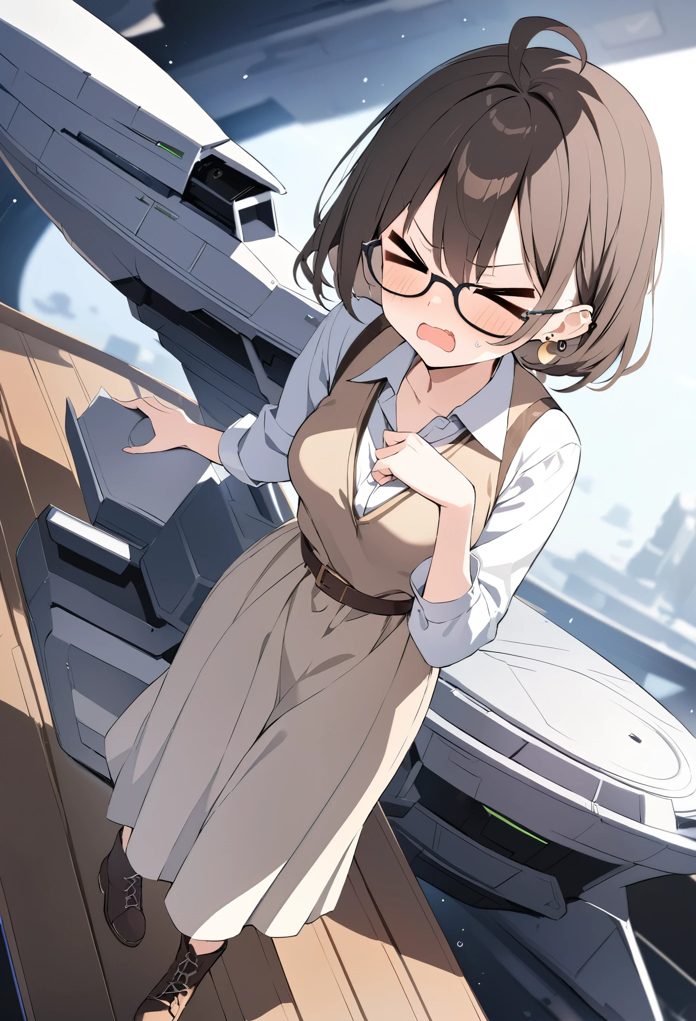 best quality, masterpiece, ultra resolution, super details, anatomically correct, a girl of twenty, full body, (dark brown hair:1.2), high quality eyes, high quality hands, short hair, light golden eyes, (>_<:1.3), (dual short ahoges:1.5), glasses, asymmetric earrings, (round earring on the right ear:1.4), (crescent earring on the left ear:1.2), medium breasts, white shirt, brown vest dress, long sleeves, loose sleeves, (long skirt), short boots, coward, (shaking mouth:1.2), fluish, on the deck of a starship, high quality background, depth of field, dutch angle
