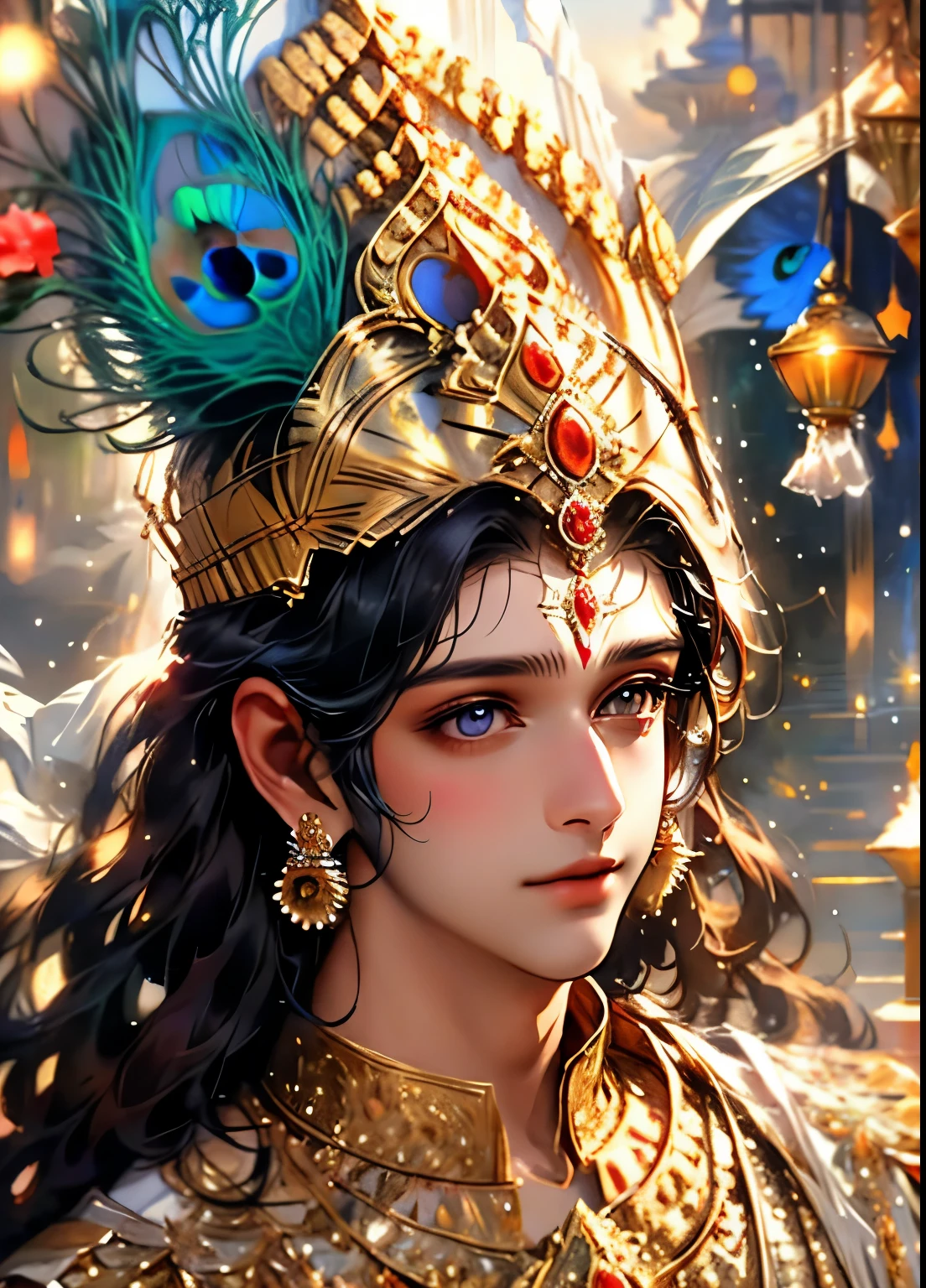 This is a dreamy and ethereal image. Lord Krishna with beautifully detailed and realistic eyes. Include ink drips, peacock feathers and fairy lights. The colors used should be soft and pastel except for his eyes, which should be bold and realistically shaded. Include luminous, glitter, shimmer, and intricate detailing. This is a high quality image from world-class artist agnes cecile. ((masterpiece))closeup shot