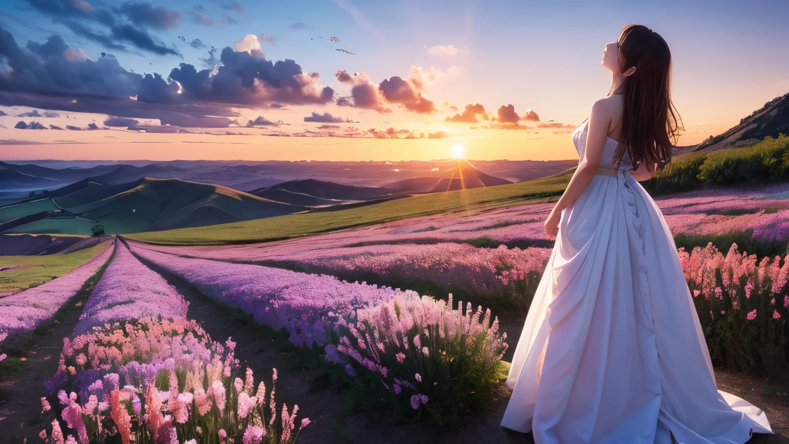 Have a beautiful sunset, The hills are covered with flowers and plants., The flowers are approaching, Colorful sky, Surreal colors, Colorful sunset, Colorful sky, Beautiful skyの反射, Beautiful sky, Fantastic atmosphere 8K, Multicolored clouds, Colored reflections on the lake, Unreal sky, Red and blue reflections, Fire Reflection, Beautiful sky, Beautiful and spectacular sunset, Beautiful dream landscape, Beautiful sky、A woman who is grateful for the blessings of nature,alone,With arms outstretched,Looking up at the sky、Depth of written boundary、Beautiful sight、