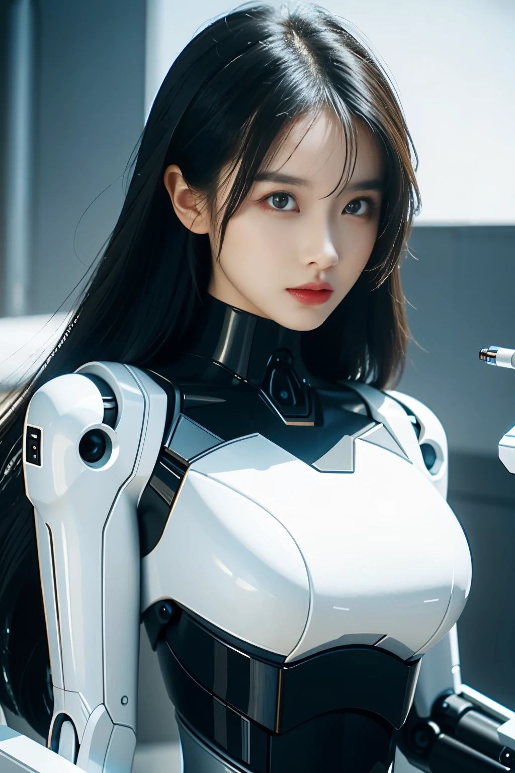 (masterpiece)、(top quality、high quality、top resolution、high resolution)、extreme elaboration、(solo)、(Science fiction、cyber punk:1.3)、Beautiful robot woman、(Robot Police:1.2)、(Beautiful robot:1.4)、Android、Cool Beauty、(almond-shaped eyes、shaped eyes)、(big eyes:1.2)、(big iris:1.3)、Curvaceous face、(Very well balanced face)、Well-proportioned face、Wide lips、Glossy Mouth、Raised eyebrows、(Robot Joints:1.3)、(Robot futuristic armor)、(body made of machine:1.3)、(Futuristic Mechanical Battle Suit:1.3)、(Robot structure:1.3)、(Mechanical Finger:1.4)、Mechanical gloves、(Shock absorber frame:1.3)、(Electronic substrate、Machinery Parts:1.3)、(Damper and power cord neck:1.3)、Robot Limbs、(Power cord:1.3)、(robot maintenance:1.3)、((Robot Scrap))、Straight Hair、(Cowboy Shot:1.4)、(Junkyard:1.3)、 sunlight、rim light、shine