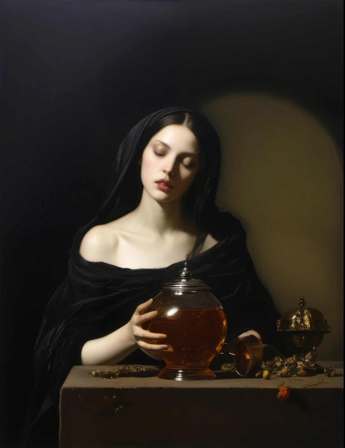 James Gurney, Surrealist art , dream-like, Mysterious, Provocative, symbolic, Complex, detailed,, (Gothic but very beautiful:1.4), (masterpiece, highest quality:1.4) , Nicola Samori Style, Mary Magdalene、sesame oil pot