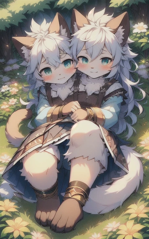 Niji, (1 boy:1.4), (JW3), Cat Boy, (hairy:1.5), Light blue fur, Body hair, (Thick thighs:0.5), (whole body:1.1), Perfect lighting, (masterpiece), (ultra deTailed), Eye contact, blush, Long hair,White clothes,Looking at the audience, Solitary,Pants, Tail, Long skirt,Flower Anklet,outdoor, outdoor,The Peak, Ultra HD,rest, (((three_heads)))