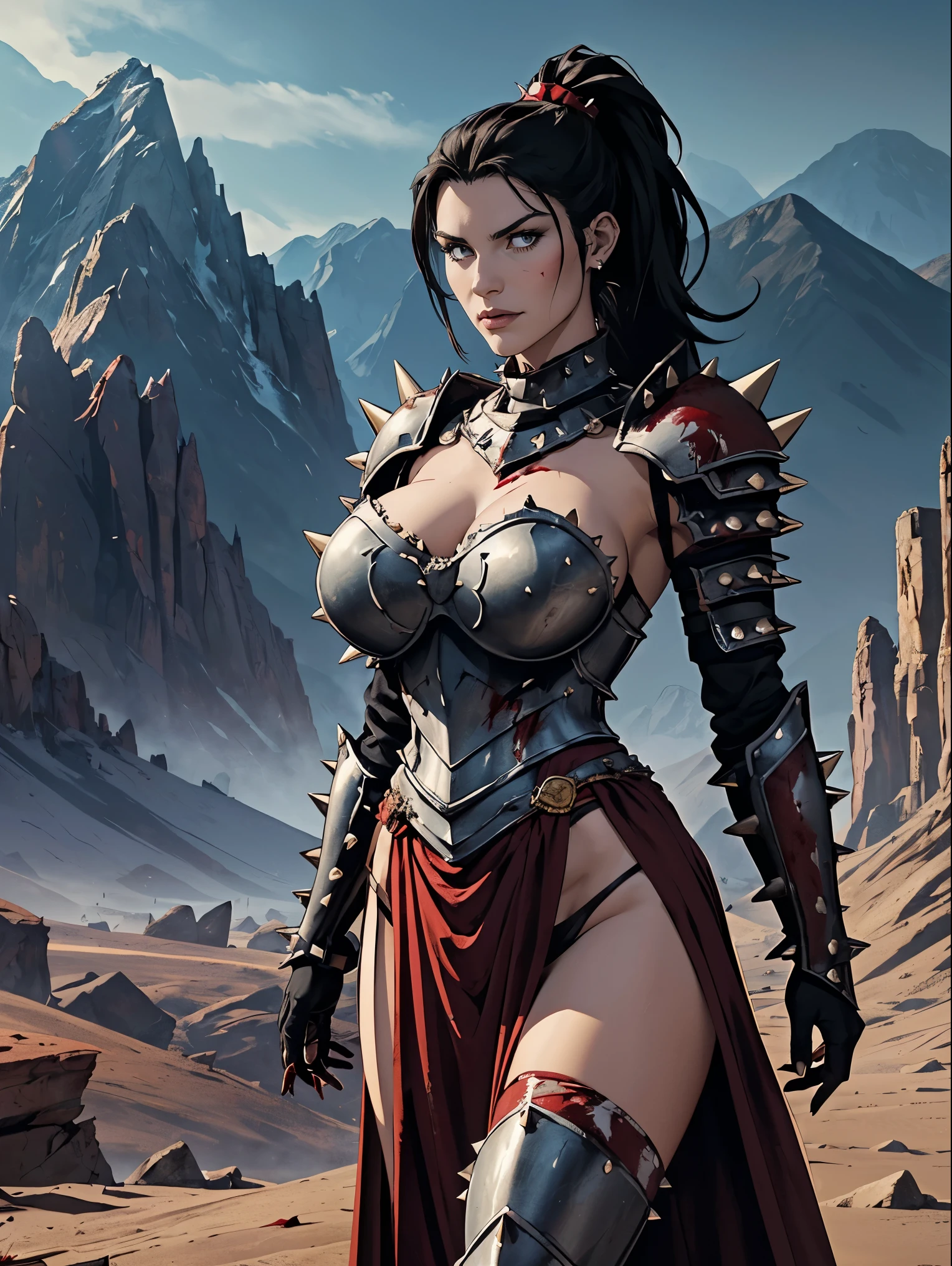 (masterpiece, top quality, best quality, official art, beautiful and aesthetic:1.2), (1girl:1.3), ((Sharp facial features, sharp features, hawkish features)), ((big hair, long black hair, ponytail)), big tiddy chaos warrior girl, extremely detailed, portrait, looking at viewer, solo, (full body:0.6), detailed background, full-body shot, (hot desert mountain theme:1.1), chaos warrior, (spiky helmet), charlatan, smirk, mysterious, swaying in mountains, armor, red metal, brass trim, long boots, dual axes, blood red fabric, pelvic curtain, loincloth, black leather, ((((spiky armor, blood, armored, gigantic breasts, long legs, pelvic curtain)))), cute belly button, toned tummy, slim waist, slim hips, long legs, medieval (mountain exterior:1.1) background, dark mysterious lighting, shadows, magical atmosphere, dutch angle