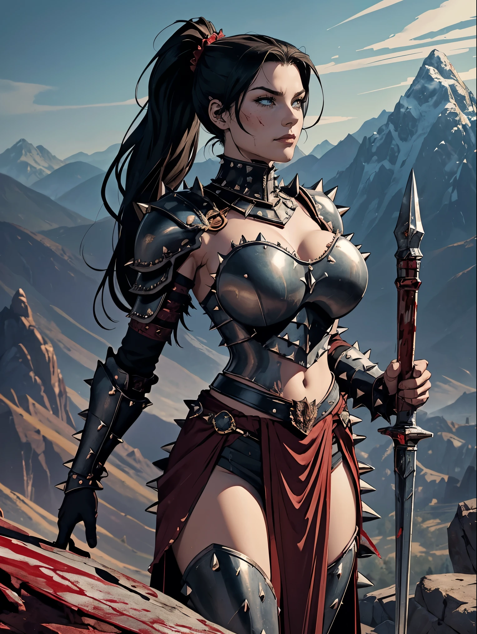(masterpiece, top quality, best quality, official art, beautiful and aesthetic:1.2), (1girl:1.3), ((Sharp facial features, sharp features, hawkish features)), ((big hair, long black hair, ponytail)), big tiddy chaos warrior girl, extremely detailed, portrait, looking at viewer, solo, (full body:0.6), detailed background, full-body shot, (hot desert mountain theme:1.1), chaos warrior, (spiky helmet), charlatan, smirk, mysterious, swaying in mountains, armor, red metal, brass trim, long boots, dual axes, blood red fabric, pelvic curtain, loincloth, black leather, ((((spiky armor, blood, armored, gigantic breasts, long legs, pelvic curtain)))), cute belly button, toned tummy, slim waist, slim hips, long legs, medieval (mountain exterior:1.1) background, dark mysterious lighting, shadows, magical atmosphere, dutch angle