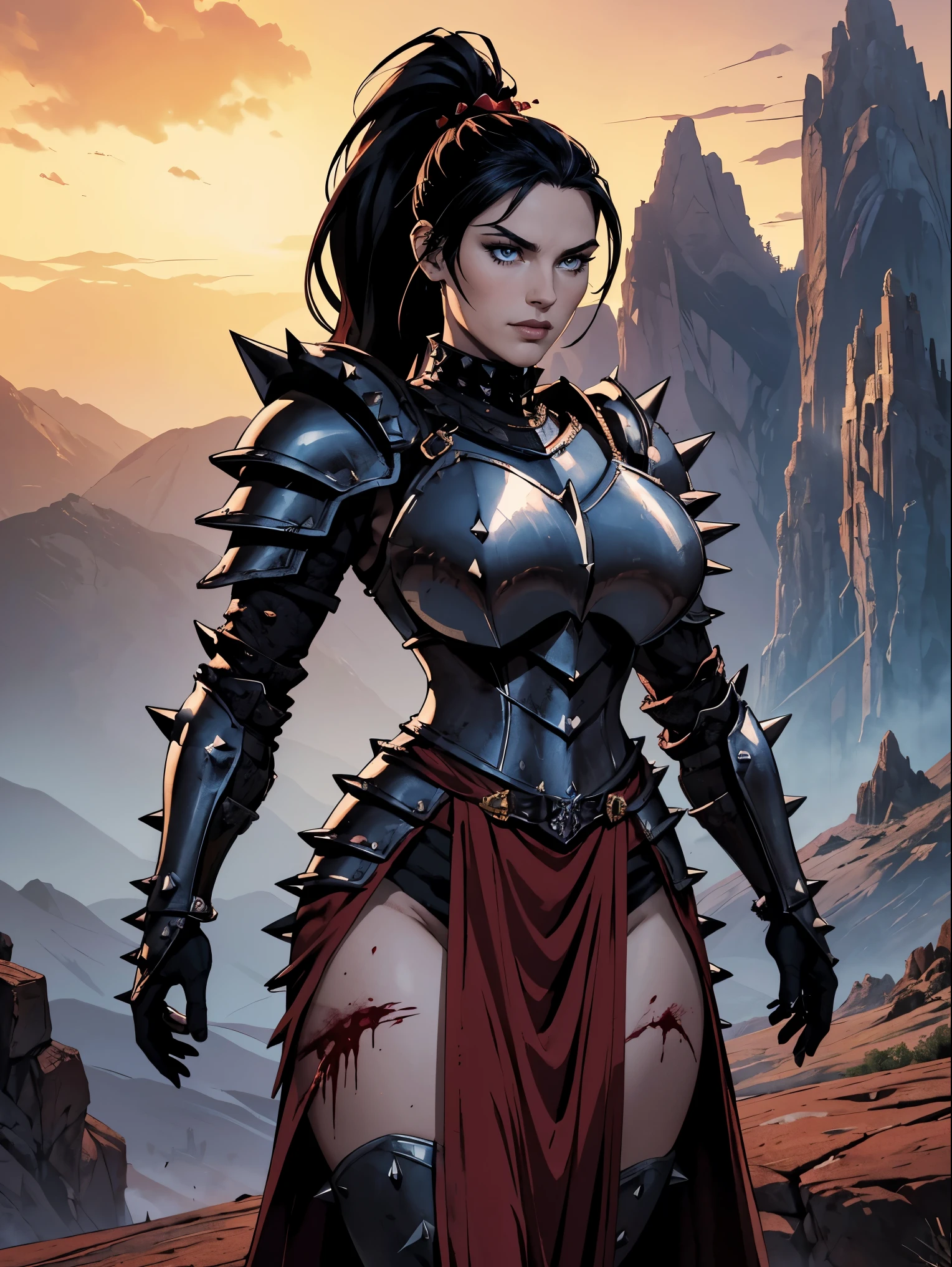 (masterpiece, top quality, best quality, official art, beautiful and aesthetic:1.2), (1girl:1.3), ((Sharp facial features, sharp features, hawkish features)), ((big hair, long black hair, ponytail)), big tiddy chaos warrior girl, extremely detailed, portrait, looking at viewer, solo, (full body:0.6), detailed background, full-body shot, (hot desert mountain theme:1.1), chaos warrior, (spiky helmet), charlatan, smirk, mysterious, swaying in mountains, armor, red metal, brass trim, long boots, dual axes, blood red fabric, pelvic curtain, loincloth, black leather, ((((spiky armor, blood, armored, gigantic breasts, long legs, pelvic curtain)))), cute belly button, toned tummy, slim waist, slim hips, long legs, medieval (mountain exterior:1.1) background, dark mysterious lighting, shadows, magical atmosphere, dutch angle