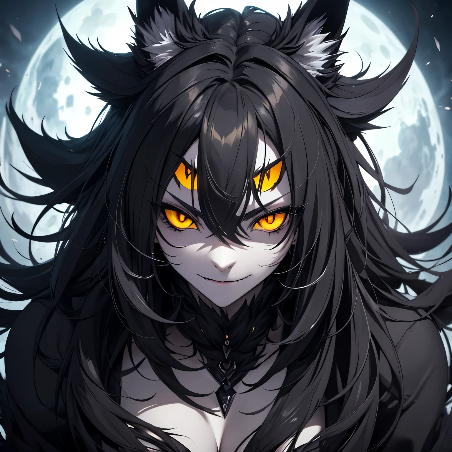 werewolf hybrid with vampire, humanoid, sharp claws, predator eyes, yellow eyes, black fur, grayish skin