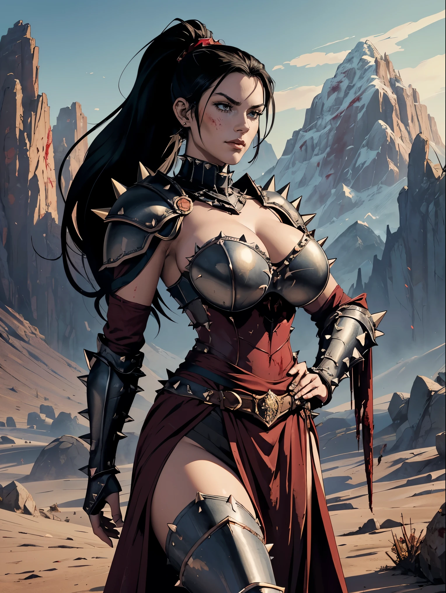 (masterpiece, top quality, best quality, official art, beautiful and aesthetic:1.2), (1girl:1.3), ((Sharp facial features, sharp features, hawkish features)), ((big hair, long black hair, ponytail)), big tiddy chaos warrior girl, extremely detailed, portrait, looking at viewer, solo, (full body:0.6), detailed background, full-body shot, (hot desert mountain theme:1.1), chaos warrior, (spiky helmet), charlatan, smirk, mysterious, swaying in mountains, armor, red metal, brass trim, long boots, dual axes, blood red fabric, pelvic curtain, loincloth, black leather, ((((spiky armor, blood, armored, gigantic breasts, long legs, pelvic curtain)))), cute belly button, toned tummy, slim waist, slim hips, long legs, medieval (mountain exterior:1.1) background, dark mysterious lighting, shadows, magical atmosphere, dutch angle