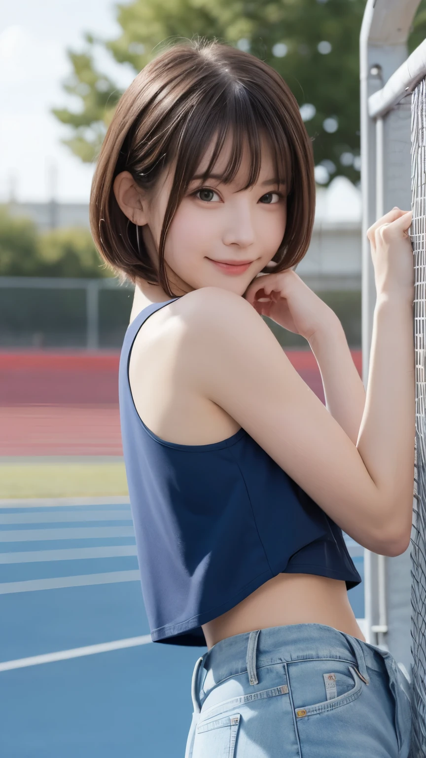 big eyes,shy  smile, The beauty of 8K raw photos:2.0, short hair, 18 years old,  stare at the camera, upward glance, （denim shorts:1.2), realistic:1.9, very detailed CG synthesis 8k wallpaper, very detailed, High resolution RAW color photos, (from bottom:1.3), professional photos, Photographed at track field , big eyes:1.3, random cute pose