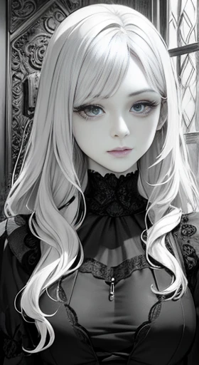 Coloring page of black and white line drawing of a beautiful woman in the style of anime realism, Wavy hair and perfect slim fit body, Gothic anime-core inspired digital art masterpiece, Berry, Vibrant, living room, Highly detailed gothic background, Eye-catching composition, ArtJam, Milo Manara, Sharp focus, Portraiture