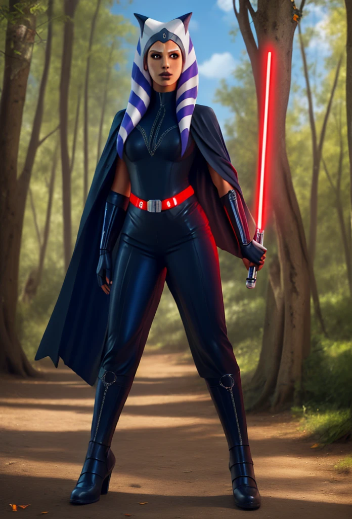 photorealistic, octane render, best quality, sharp focus, 8k, 4k, Masterpiece, Best Quality, realistic skin texture, extremely detailed, intricate, hyper detailed, illustration, soft lighting, high resolution, sharp detail, ahsoka tano, young, dark_ahsoka, sith, full body, evil, red lightsaber with red visor,armor,black gloves,black bodysuit,cape, black pants,looking at viewer, standing, medium shot, hands on hips, outside, park, trees, winter, blue sky, high quality, masterpiece,