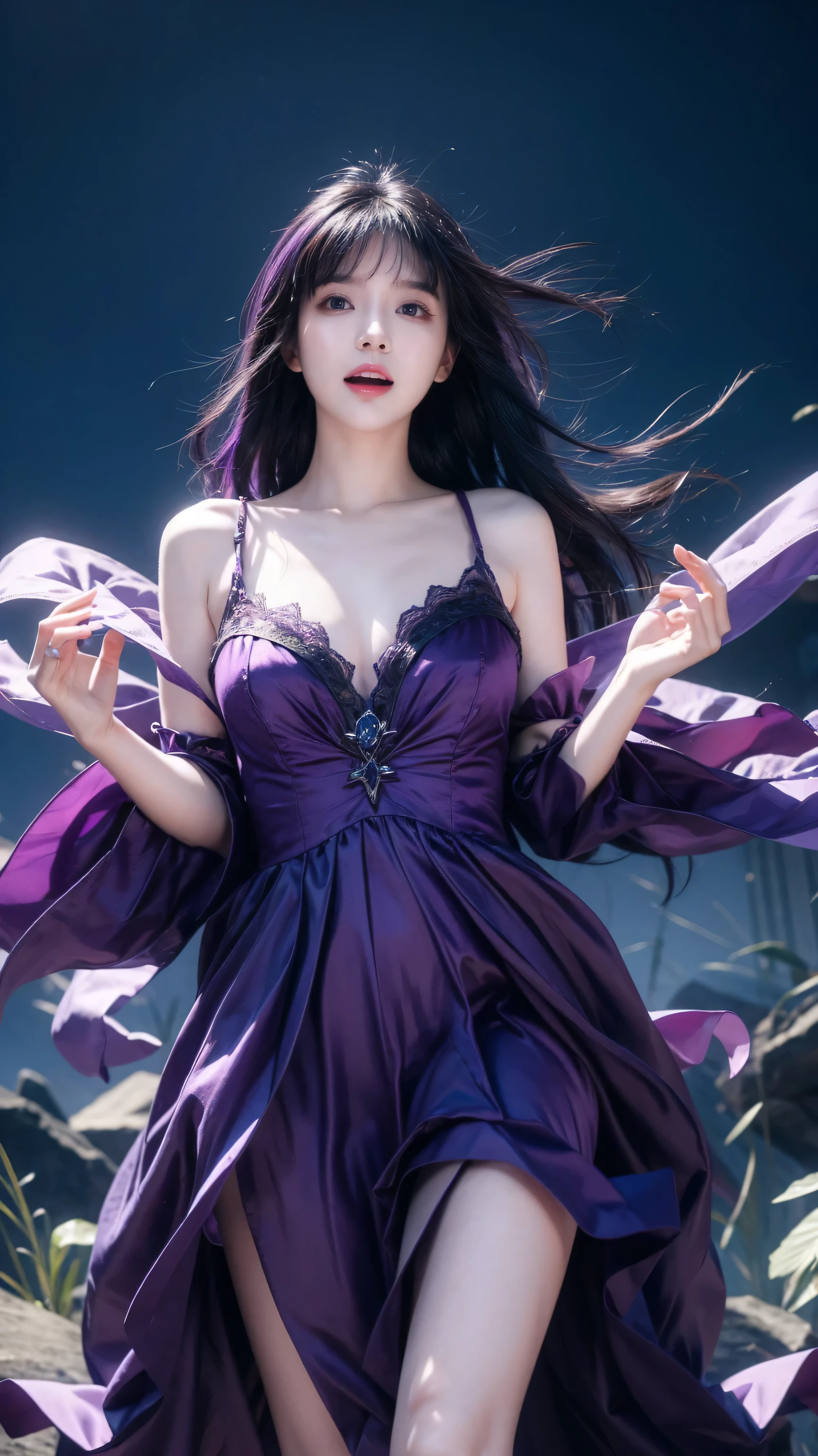 ghost, (Monster Girl), purple skin, peak, Purple Spiky Hair, Sudden laughter, Floating Hands, Wearing a dark purple dress, Floating in mid-air, masterpiece, best quality