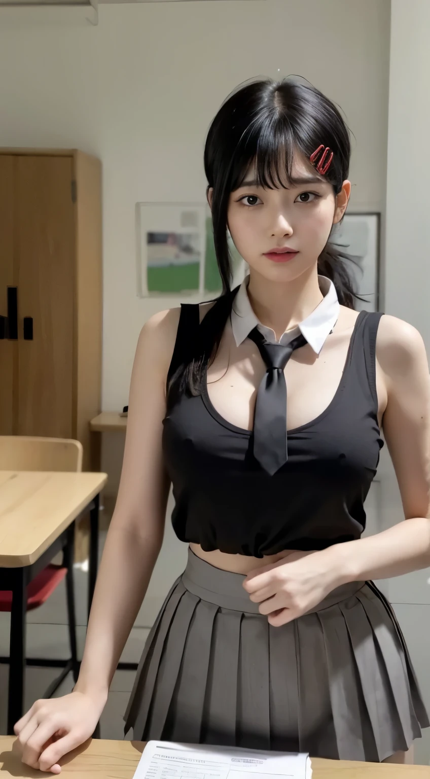Highest quality、Ultra-high resolution、Professional Lighting、Detailed Background、In the classroom、full body,Kobeni-chan、A sloppy smile、25-year-old woman、beautiful girl、(Kobeni-chan、Jet black hair, Black Hair, bangs, One-sided hair,)、(Red Hair Clip:1.1)、(White sleeveless shirt:1.2)+(Black tie:1.2)+(Grey pleated skirt:1.2)、Black tights、(Huge breasts that look like they might burst:1.2)、(Big thighs:1.1)、Troubled face、Confused Eyes、