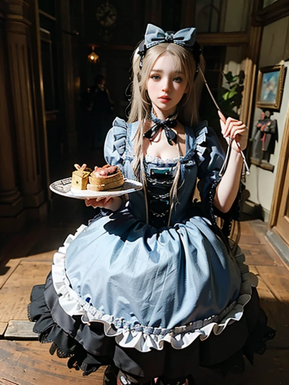 (((masterpiece))), (((Best image quality))), (((Ultra-realistic depiction))), (((Alice in Wonderland in Gothic Lolita Fashion))), (((Diorama world view))), Pocket watch, Checkered Floor, Rabbit in a tuxedo, King and Princess with Tramp Bodies, Poisonous mushrooms, Magical Land.