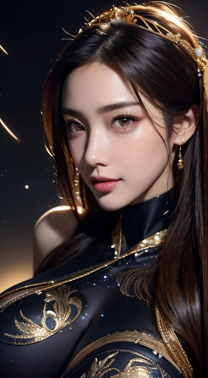 Kimono beauty, body portrait, 8k, thin and beautiful eyes, Dindal effect, masterpiece, top quality, high quality, high resolution, very detailed photo, (natural skin texture, fine skin, hyper realism, super sharpness) , high detail skin, (very fine, fine skin texture, intricate details, beautiful face, (real-like face), realistic eyes, beautifully detailed eyes, realistic skin, beautiful skin, surreal, Highly detailed, golden ratio, smiling eyes, ((night moonlight background)), body portrait, G cup, big breasts, huge breasts, big breasts, glamorous, shiny bodysuit