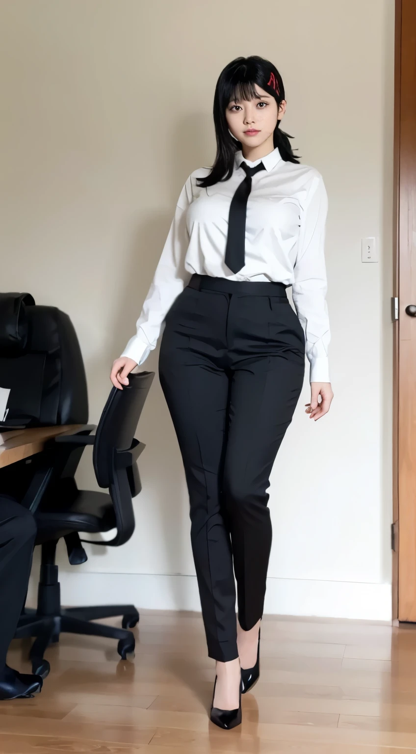 Highest quality、Ultra-high resolution、Professional Lighting、Detailed Background、workroom、full body,Kobeni-chan、A sloppy smile、25-year-old woman、beautiful girl、(Kobeni-chan、Jet black hair, Black Hair, bangs, One-sided hair,)、(Red Hair Clip:1.1)、(White shirt:1.2)+(Black tie:1.2)+(black long pants for work:1.2)、(Huge breasts that look like they might burst:1.2)、(Big thighs:1.1)、Are standing、Model pose