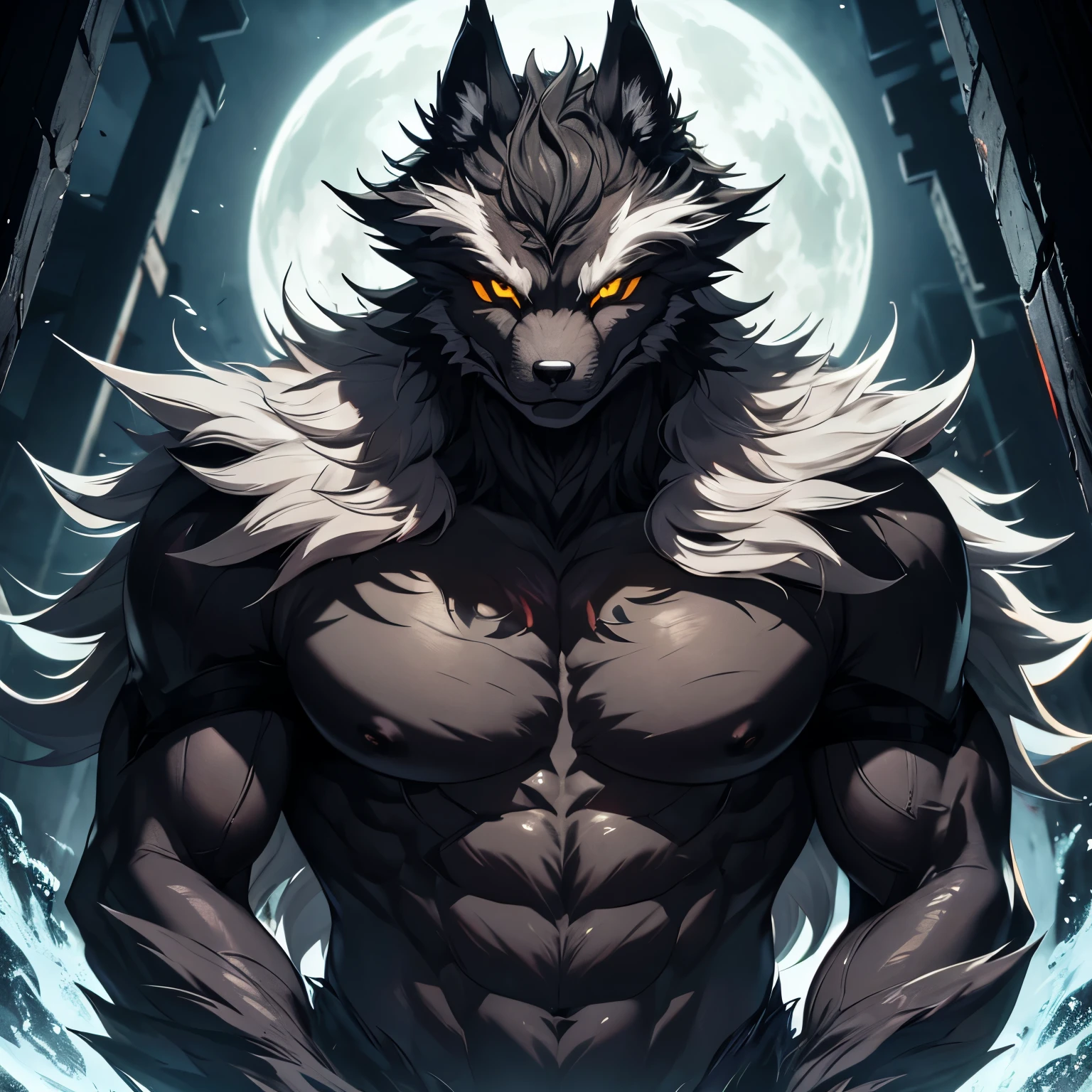 hybrid werewolf and vampire, huhomemoid, garras afiadas, olhos de predador, olhos amarelos, pelo preto, pele acinzentada, homem, forma bestial