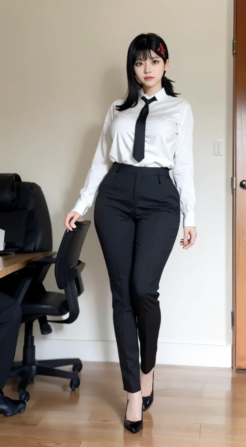 Highest quality、Ultra-high resolution、Professional Lighting、Detailed Background、workroom、full body,Kobeni-chan、A sloppy smile、25-year-old woman、beautiful girl、(Kobeni-chan、Jet black hair, Black Hair, bangs, One-sided hair,)、(Red Hair Clip:1.1)、(White shirt:1.2)+(Black tie:1.2)+(black long pants for work:1.2)、(Huge breasts that look like they might burst:1.2)、(Big thighs:1.1)、Are standing、Model pose
