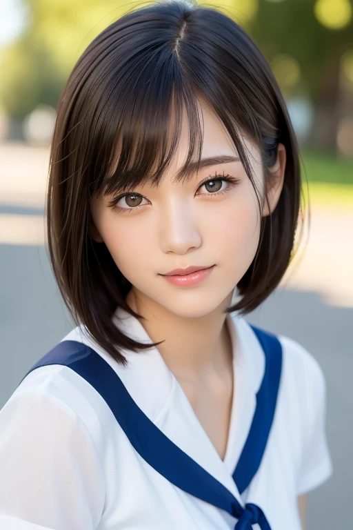 (highest quality:1.5), (Realistic:1.5), (1 person:1.5), (Upper Body:1.5), Very detailed, High resolution, 8k wallpaper, , Small breasts, Natural color lips, Cute Smile, Japanese women, 20-year-old girl, Beautiful and elegant face, Perfect and beautiful face, Big eyes, Brunette eyes, Beautiful and elegant face, Natural double eyelids, Natural Bangs, Beautiful thin nose, Beautiful Skin, Chestnut Hair, Medium Bob Hair, Short Hair, Natural Bangs, Perfect and beautiful face, Slim face and figure, (Looking at the camera with a cute expression), Bright lighting, Professional Lighting, Forward lighting, Cute Smile, (High School Uniform), (Girls' High School School Uniform), Beautiful clavicle, Facing forward, Simple poses, Fair skin, slender, Glowing Skin, Beautiful Skin, (Sailor suit), Schoolyard, White short-sleeved blouse shirt, navy pleated micro miniskirt,