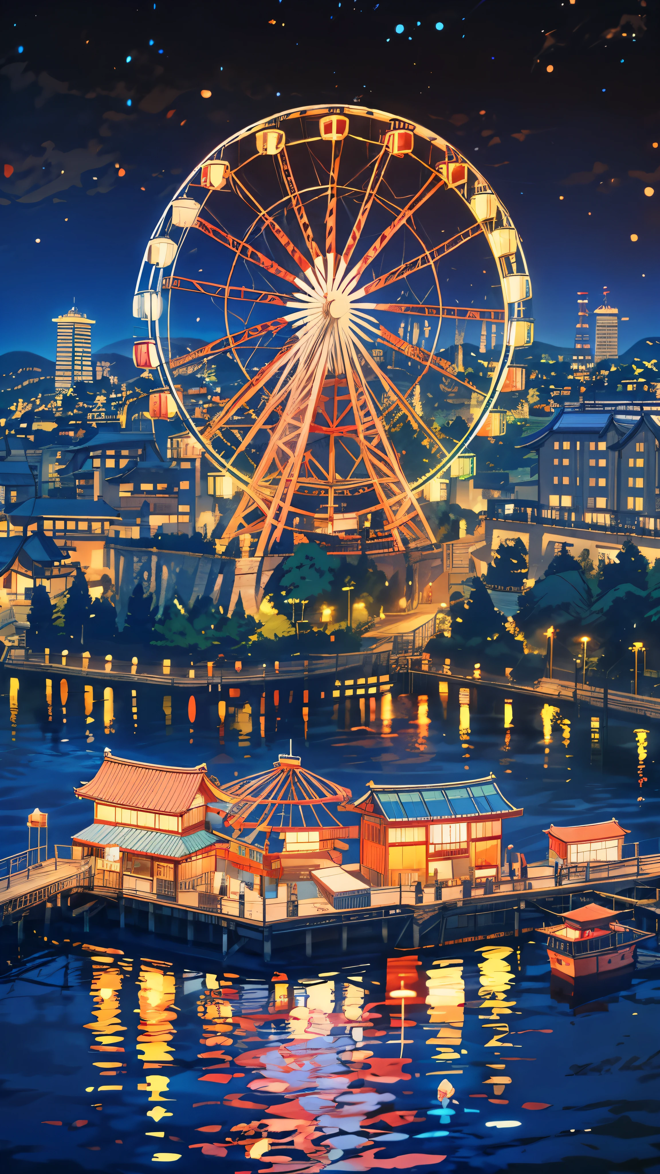 painting of a ferris wheel in the middle of body of water, ( ferris wheel ), neon, neon lights, reflections. by makoto shinkai, japanese city pop color palette, osaka skyline background, heroine japan vivid landscape, by Torii Kiyomasu, japan travel aesthetic, disney and kyoto animation, japan travel and tourism, lake kawaguchi, by Yuko Tatsushima, 