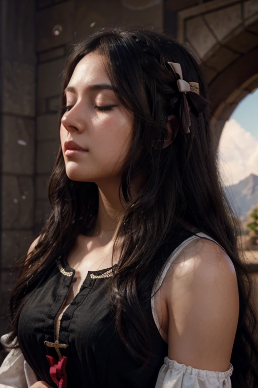 a girl black long wavy hair bow down worshiping God praying, hand in front of chest, nodded head, closed eyes, close up, left side view, unreal engine, heavenly glorious background environment, HD