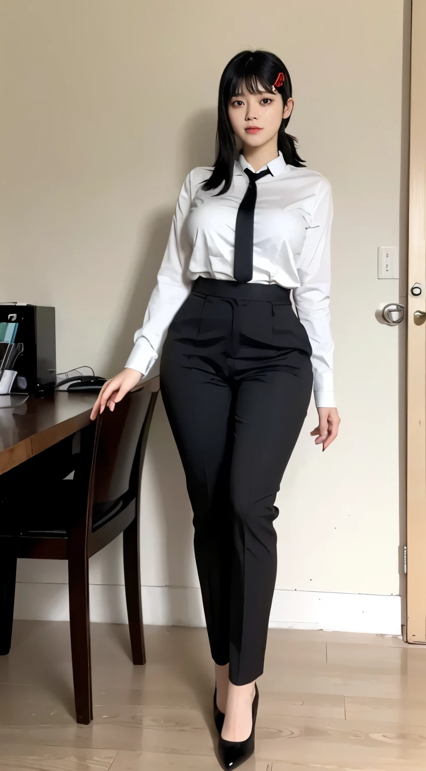 Highest quality、Ultra-high resolution、Professional Lighting、Detailed Background、workroom、full body,Kobeni-chan、A sloppy smile、25-year-old woman、beautiful girl、(Kobeni-chan、Jet black hair, Black Hair, bangs, One-sided hair,)、(Red Hair Clip:1.1)、(White shirt:1.2)+(Black tie:1.2)+(black long pants for work:1.2)、(Huge breasts that look like they might burst:1.2)、(Big thighs:1.1)、Are standing、Model pose