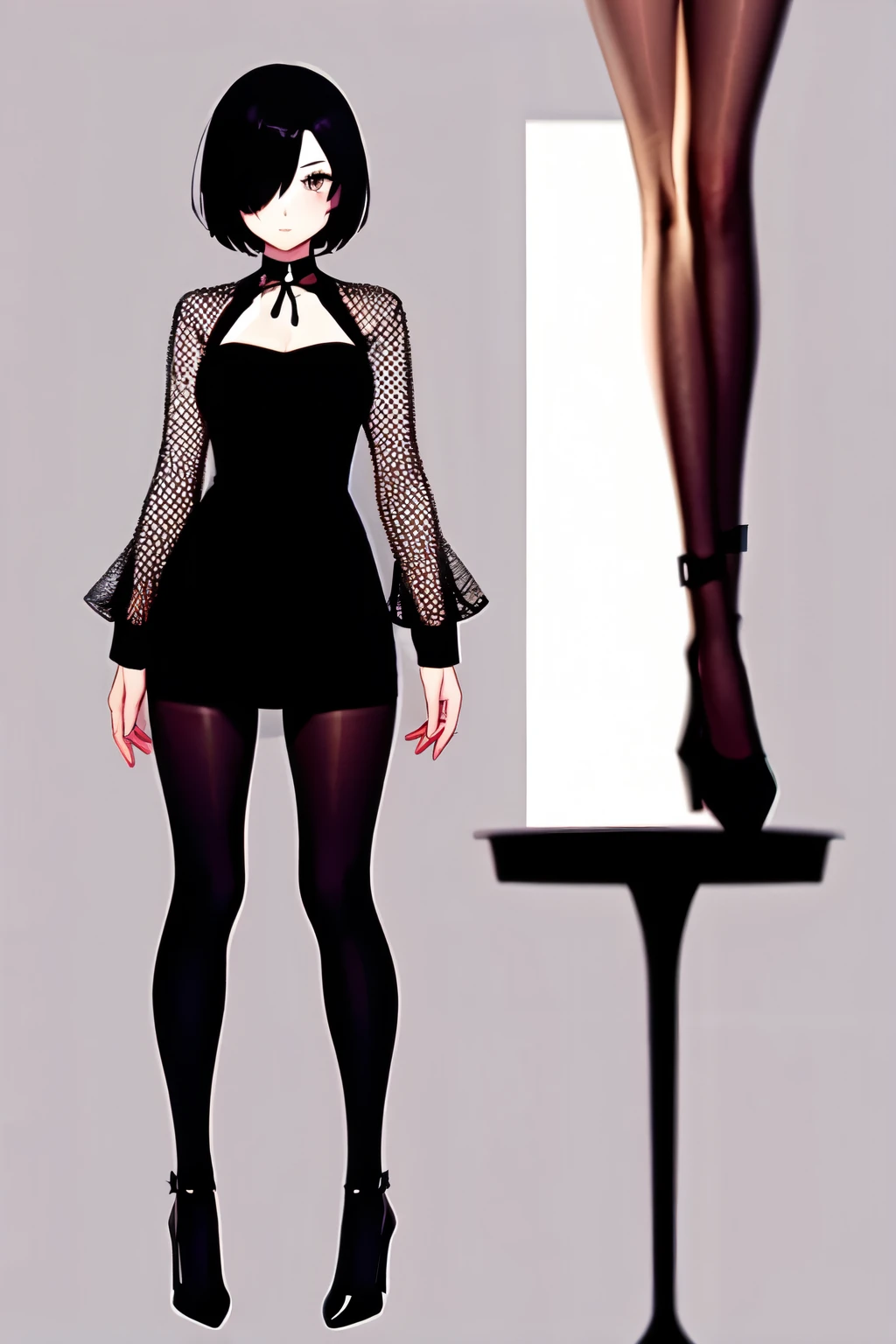 low length　Girl　Short hair with one eye covered　Slanted Eyes　black tights　whole body　Inner color red　High heels　front　Character portrait　Are standing　