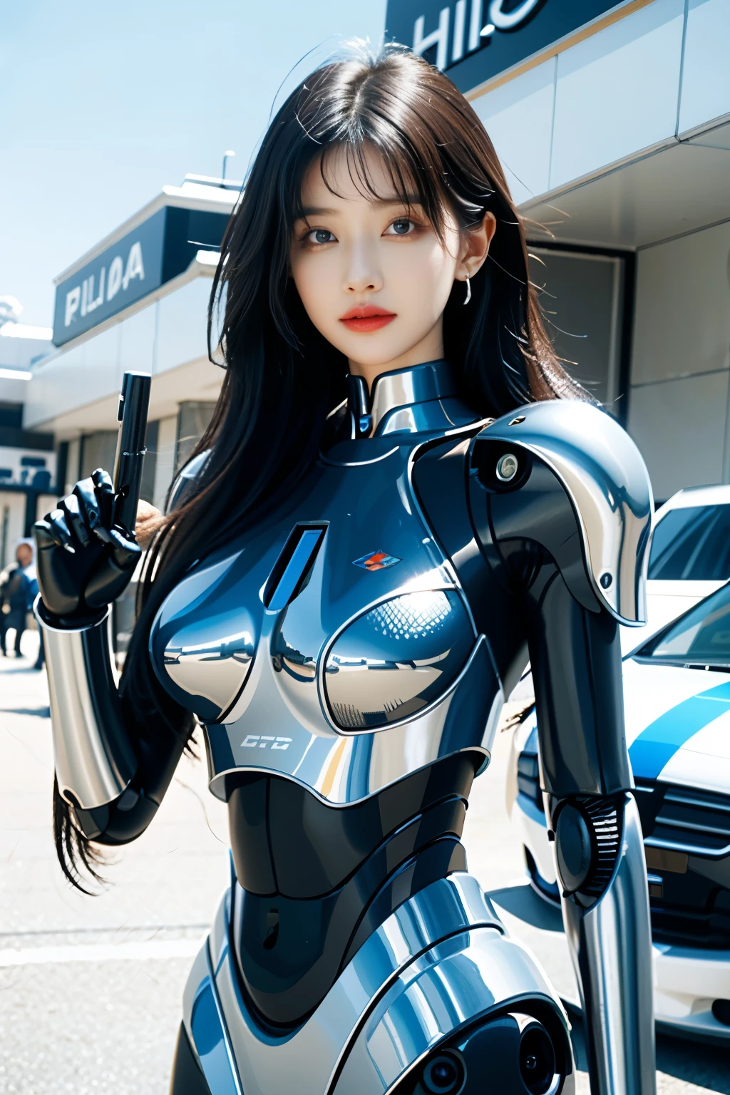 (masterpiece)、(top quality、high quality、top resolution、high resolution)、extreme elaboration、(solo)、(Science fiction、cyber punk:1.3)、Inorganic、Beautiful robot woman、(Robot Police:1.2)、(Beautiful robot:1.4)、Android、Cool Beauty、(almond-shaped eyes、shaped eyes)、(big eyes:1.2)、(big iris:1.3)、Curvaceous face、(Very well balanced face)、Well-proportioned face、Wide lips、Glossy Mouth、Raised eyebrows、(Robot Joints:1.3)、(Robot futuristic armor:1.2)、(body made of machine:1.3)、(Futuristic Mechanical Battle Suit:1.3)、(Robot structure:1.3)、(Mechanical Finger:1.4)、Mechanical gloves、(Shock absorber frame:1.3)、(Electronic substrate、Machinery Parts:1.3)、(Damper and power cord neck:1.3)、Robot Limbs、(Power cord:1.3)、(robot maintenance:1.3)、((Robot Scrap))、Straight Hair、(Cowboy Shot:1.5)、(Junkyard:1.3)、sunlight、rim light、shine