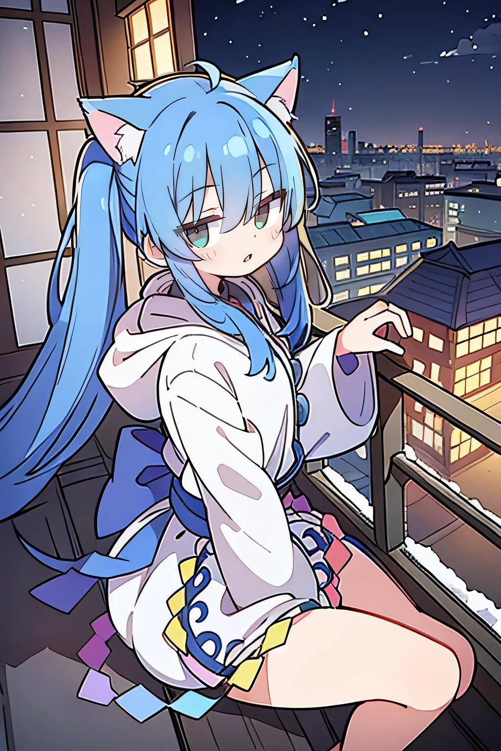（masterpiece：1.2），Super detailed，lifelike，Expressive eyes，fair skin，perfect face shape，1 girl，
Japanese comics,Gorgeous blue hair,flowing blue hair,flowing clothes,Cat ears,Petals fall,beautiful lola,Baby Angel,
Cross your legs，Gentle and peaceful background，The pavilion is cool and comfortable,smile, wearing hoodie, background of tokyo,back views,snowing, winter.