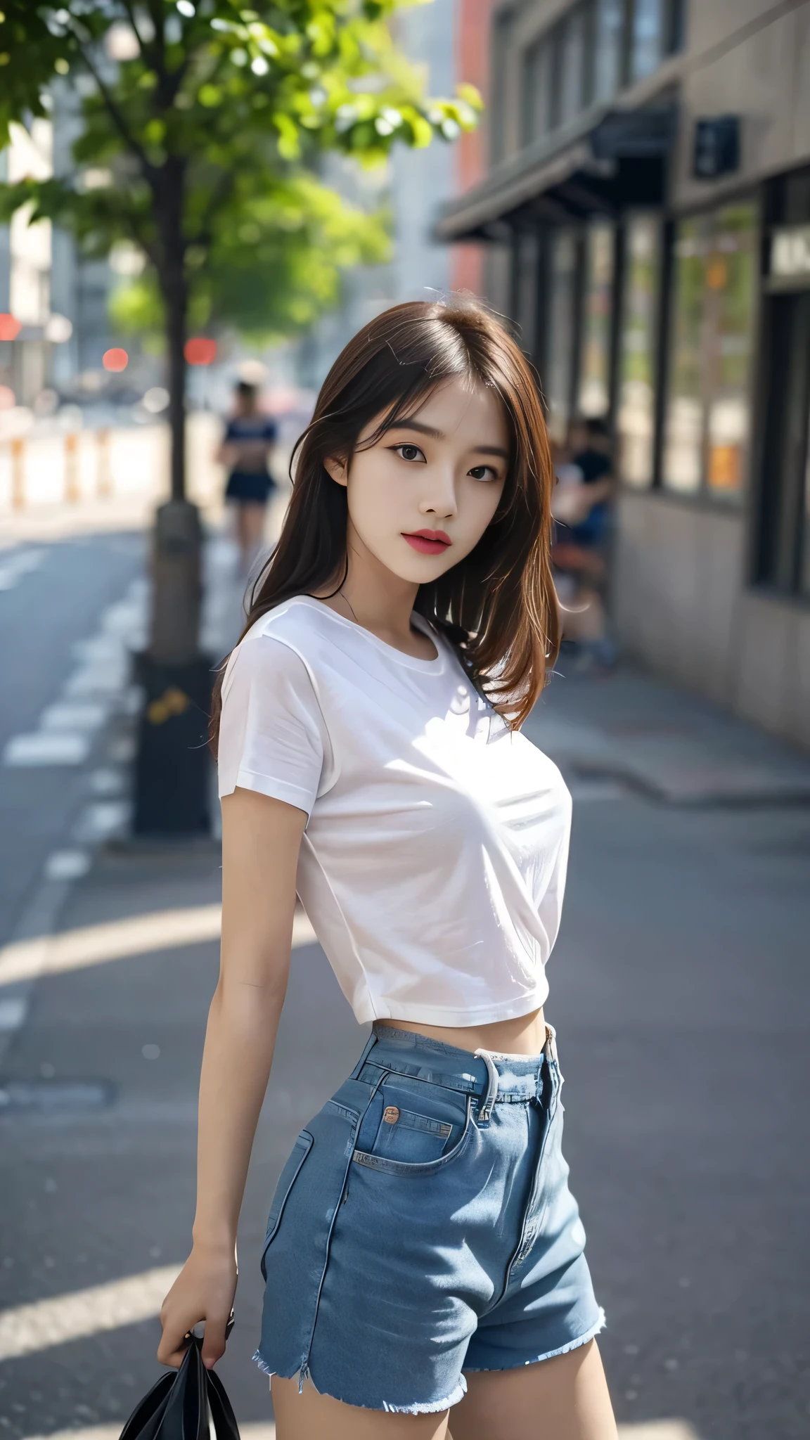 A perfect young female,Chinese in over size t-shirt and shorts jeans, CG rendering, Blurred background, deep shadow, 16K, bokered, Very detailed, wallpaper, depth of field, movie light, Ray tracing
