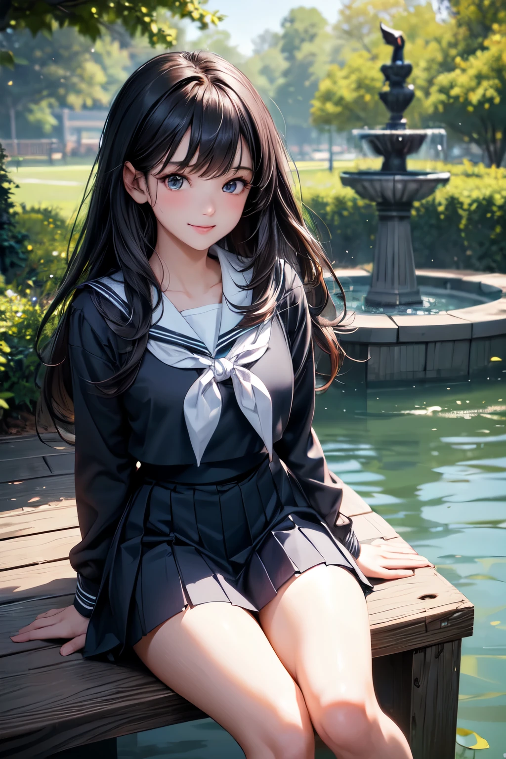 very cute and beautiful school girl,(highly detailed beautiful face and eyes),
(smile:1.2),looking at viewer,black hair,(sailor school uniform),(pleated navy blue mini skirt),
sitting on wooden bench in elegant gazebo,flower garden,water fountain,forest,
(best quality,masterpiece),absurdres,highres,ultra-detailed,extremely detailed,32k,8k resolution,
intricate details,cinematic scene,detailed background,solo,dynamic angle,
hair fluttering in the wind,beautiful detailed sky,perfect hands,