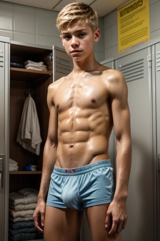 young skinny male, standing, sportswear, 1boy, , young, slim, embarrassed, white skin, blonde, cute boy, boyish, shorts, shirtless, flat boy chest, small nipples, natural soft smooth textured skin, RAW candid cinema, 16mm, color graded portra 400 film, remarkable color, ultra realistic, textured skin, remarkable detailed pupils, realistic dull skin noise, visible skin detail, skin fuzz, dry skin, detailed skin texture, (blush:0.5), (goosebumps:0.5), wet skin, fuzzy skin, bulge, hung, cock bulge, young looking boy, abs, school locker room,
