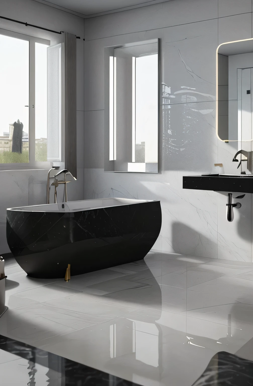 Professional 3d architecture rendering design of modern and French design for bathroom with white bathtub and toilet and black slab stone and high quality and detail