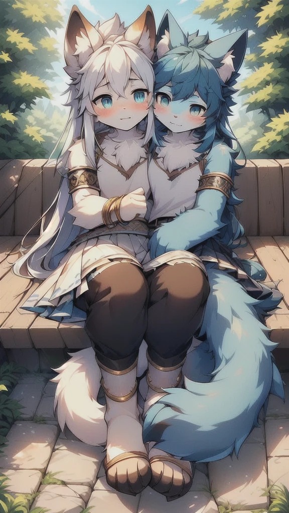 Niji, (1 boy:1.4), (JW3), Cat Boy, (hairy:1.5), Light blue fur, Body hair, (Thick thighs:0.5), (whole body:1.1), Perfect lighting, (masterpiece), (ultra deTailed), Eye contact, blush, Long hair,White clothes,Looking at the audience, Solitary,Pants, Tail, Long skirt,Anklets,outdoor, outdoor,The Peak, Ultra HD,rest, (((two_heads)))
