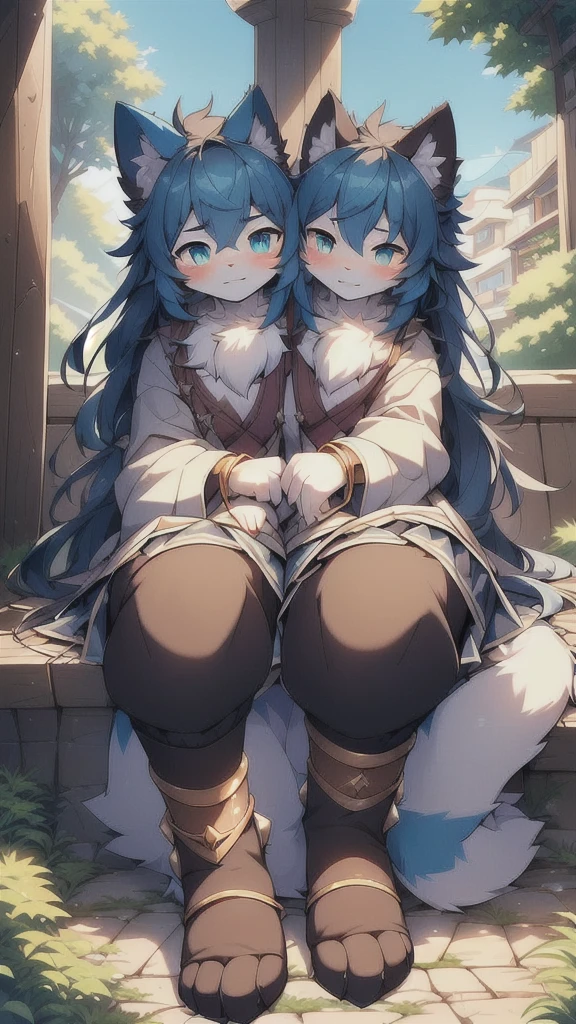 Niji, (1 boy:1.4), (JW3), Cat Boy, (hairy:1.5), Light blue fur, Body hair, (Thick thighs:0.5), (whole body:1.1), Perfect lighting, (masterpiece), (ultra deTailed), Eye contact, blush, Long hair,White clothes,Looking at the audience, Solitary,Pants, Tail, Long skirt,Anklets,outdoor, outdoor,The Peak, Ultra HD,rest, (((two_heads)))
