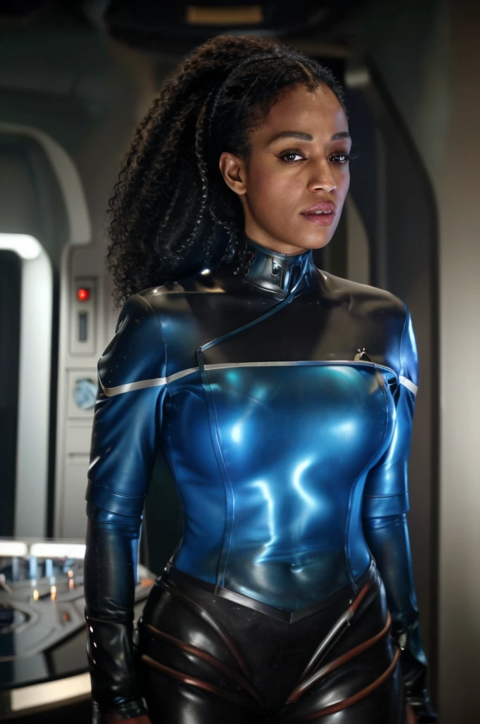 A black woman wearing a blue Sttldunf uniform stands prominently in the center of the scene. Her uniform is made of a futuristic material, giving it a sleek and polished appearance. The uniform has intricate details such as metallic elements and glowing accents.
Her face is the epitome of determination and strength, with every feature meticulously crafted. Her eyes are captivating, with a deep and intense gaze, drawing you into the scene. Her lips have a subtle curve, expressing both confidence and a hint of mystery.
Veins subtly pulsate beneath her skin, symbolizing her connection to a greater power or source. They add an otherworldly touch to her appearance, hinting at her extraordinary abilities.
She wears a stylish eyepatch, which adds an element of intrigue to her character. Its design is sleek and futuristic, complementing her overall appearance. It creates an air of mystery, making viewers wonder about her backstory.
Cables loop and intertwine around her, connecting her to a network or system. They are carefully woven, giving the impression of a complex and intricate web of knowledge that she possesses or is part of.
The lighting in the scene is dim, with soft luma emanating from her body, creating an ethereal glow around her. It adds a sense of divinity and power to the character, enhancing her presence.
The scene has a touch of the surreal, with elements of both fantasy and science fiction. It combines the futuristic Sttldunf uniform with the existence of veins and cables, blurring the line between reality and imagination.
The color palette of the scene is dominated by shades of blue, paying homage to the blue uniform and adding a sense of calmness and stability. The contrast between the blue and the black woman's skin creates a visually striking effect.
The overall quality of the image is of the highest standard, embracing the highest resolution possible. It is a masterpiece of digital art, created with meticulous attention to detail and precision.