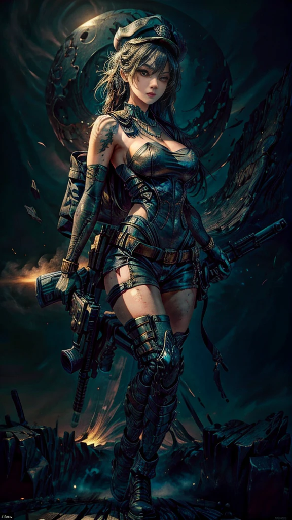 (Photographic:1.3, 16k, highest quality, masterpiece, Ultra-high resolution), Perfect dynamic composition:1.2, Highly detailed skin and facial textures:1.2, Covered in scars:1.2, (wilderness:0.5, military base:0.6, Contrasting with the desolate background:0.7, Increase the disruptive element:0.7, Debris and impurities scattered around:0.7), (Dynamic action pose:1.0, Professional camera work:1.0, Aim with a gun:1.0), Beautiful Japanese women serving in the US military, Incredibly slim body, Fair skin, Very beautiful face, Stern expression, (Automatic rifle:0.7, Bulletproof vest:0.7, uniform:1.0, Backpack:0.7, boots:0.7), Shapely breasts, Chest gap, Big eyes that exude beautiful eroticism, Lips that exude beautiful eroticism, Cowboy Shot, necklace, Earrings, bracelet, Tattoo:0.5, military cap