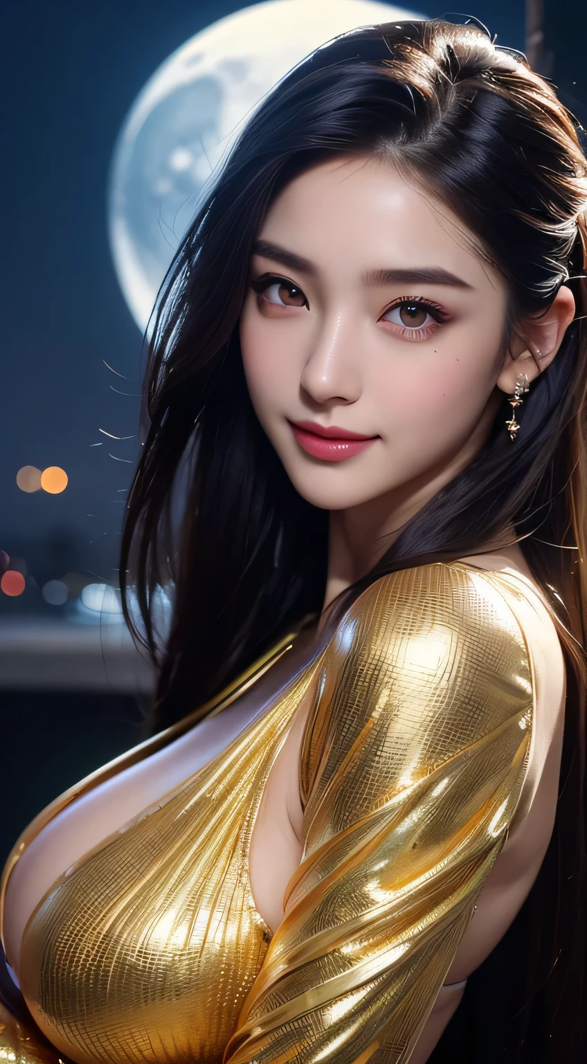 Kimono beauty, body portrait, 8k, thin and beautiful eyes, Dindal effect, masterpiece, top quality, high quality, high resolution, very detailed photo, (natural skin texture, fine skin, hyper realism, super sharpness) , high detail skin, (very fine, fine skin texture, intricate details, beautiful face, (real-like face), realistic eyes, beautifully detailed eyes, realistic skin, beautiful skin, surreal, Highly detailed, golden ratio, smiling eyes, ((night moonlight background)), body portrait, G cup, big breasts, huge breasts, big breasts, glamorous, shiny bodysuit