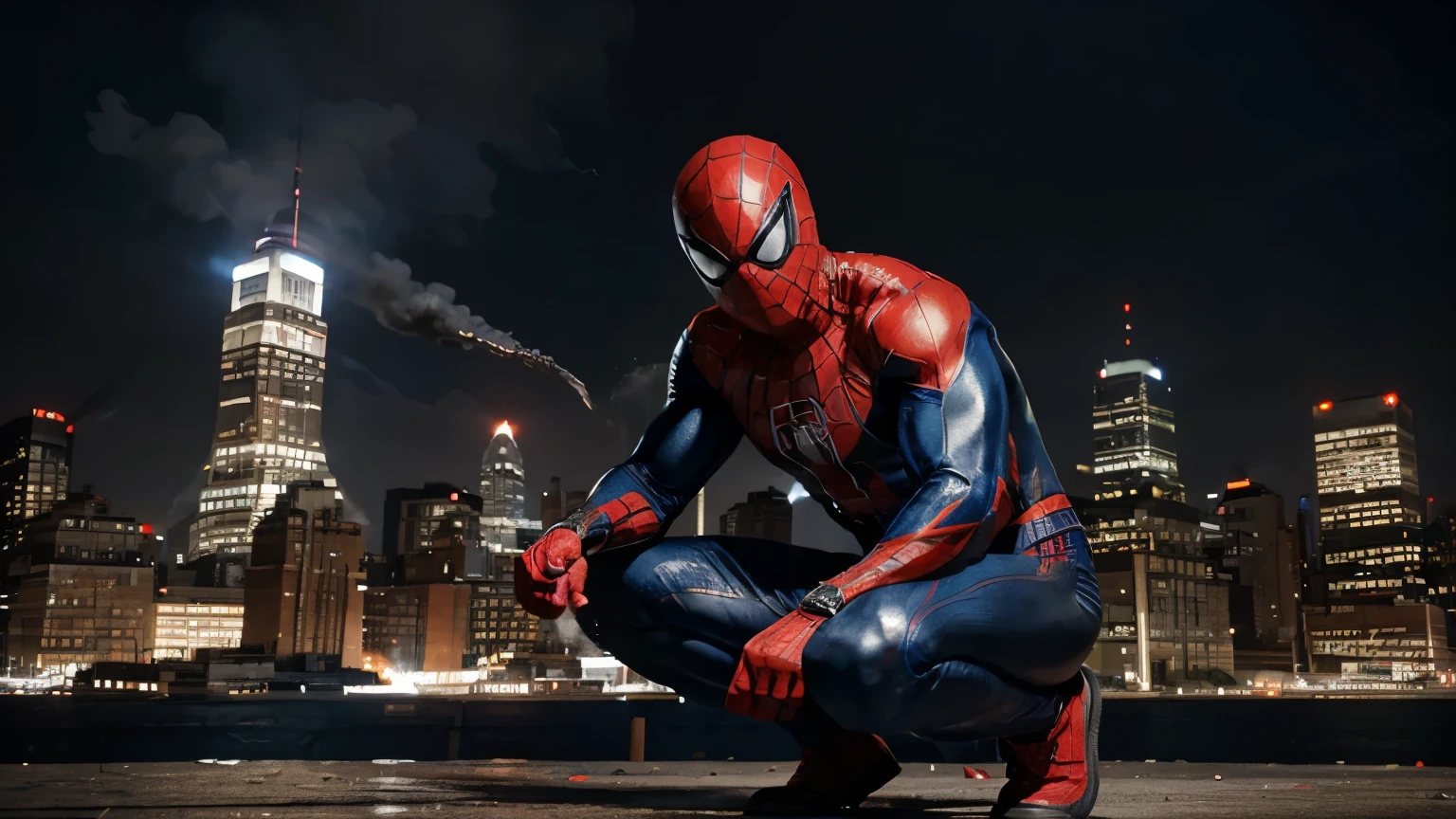 (realistic, detailed, vivid colors, high-res),Spider-Man kneeling on one knee, New York City skyline in the background, web-shooters on his wrists, intense expression on his face, muscular physique, red and blue costume with black web patterns, realistic texture on the suit, shiny reflective eyes, dynamic lighting, urban graffiti on the walls, billowing smoke and debris in the air, intense action-packed atmosphere.