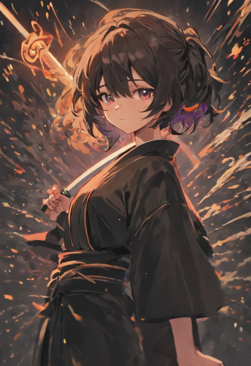 1 chico, solo, pelo pintiagudo, cabello negro, ojos negro, kimono negro, alto, katana en su mano derecha