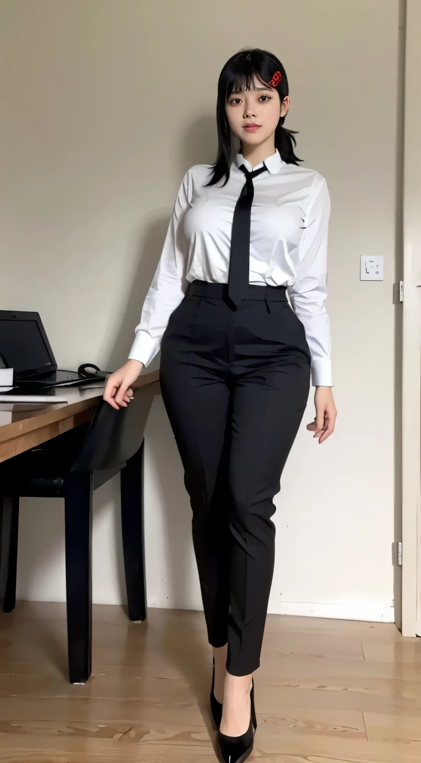 Highest quality、Ultra-high resolution、Professional Lighting、Detailed Background、workroom、full body,Kobeni-chan、A sloppy smile、25-year-old woman、beautiful girl、(Kobeni-chan、Jet black hair, Black Hair, bangs, One-sided hair,)、(Red Hair Clip:1.1)、(White shirt:1.2)+(Black tie:1.2)+(black long pants for work:1.2)、(Huge breasts that look like they might burst:1.2)、(Big thighs:1.1)、Are standing、Model pose