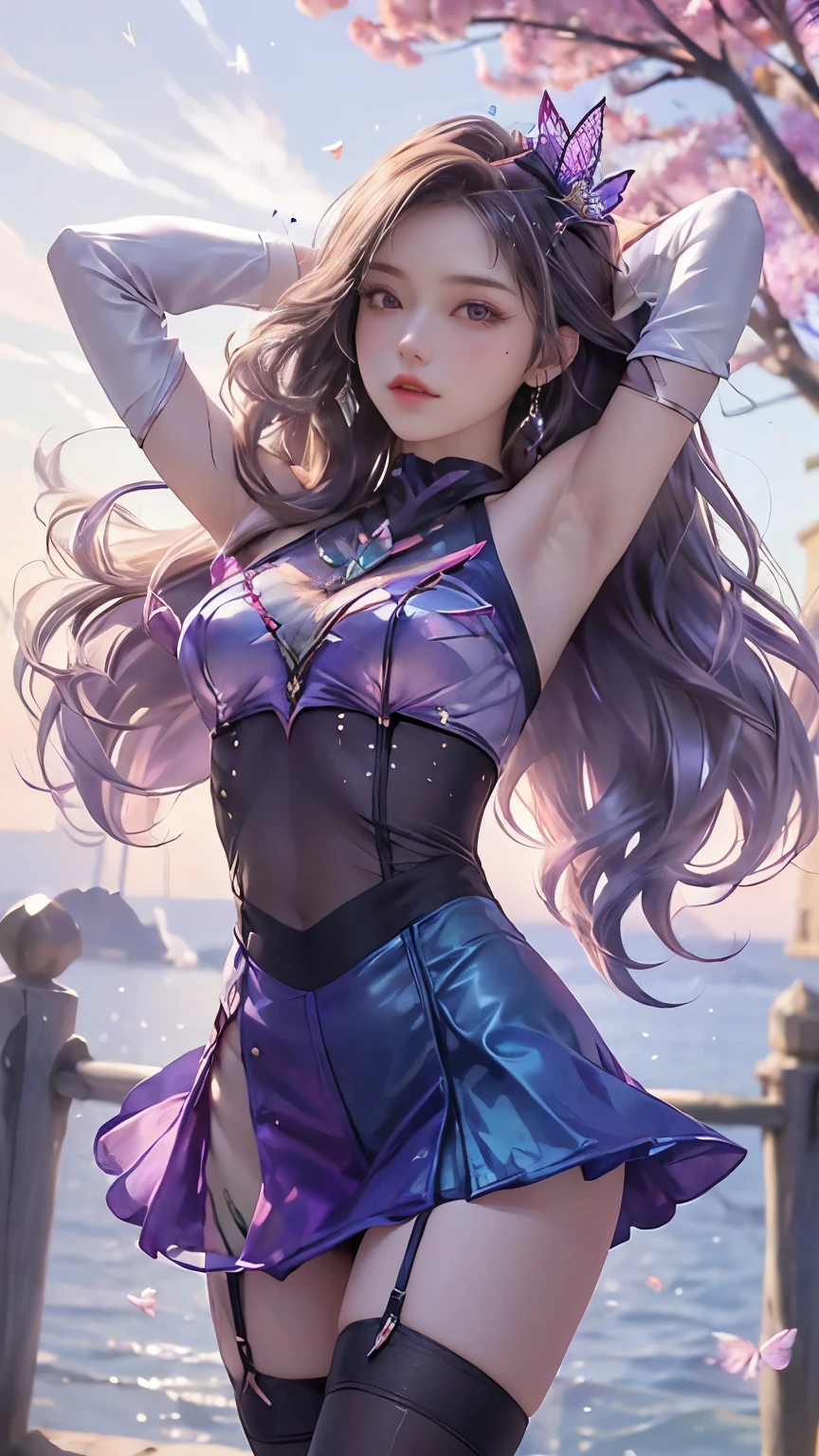 8k, Ultra HD, masterpiece, High-quality color, 1 girl, Perfect Face, Long hair, Fine grain, Simple clothing, Purple clothes, stockings, race, sardine, strip, Net clothing, loop, Bare waist, jewelry, Waterfront, Realistic landscape, Spectacular views, sunrise, evening, cloud, butterfly, Cherry Blossom, Blowing Wind, Perfect pose,