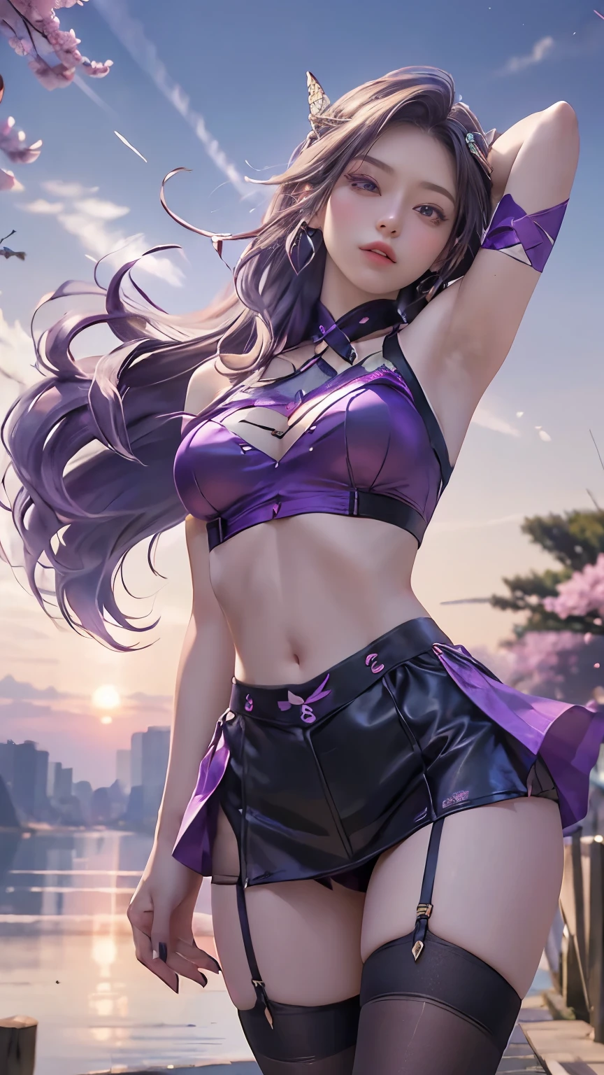 8k, Ultra HD, masterpiece, High-quality color, 1 girl, Perfect Face, Long hair, Fine grain, Simple clothing, Purple clothes, stockings, race, sardine, strip, Net clothing, loop, Bare waist, jewelry, Waterfront, Realistic landscape, Spectacular views, sunrise, evening, cloud, butterfly, Cherry Blossom, Blowing Wind, Perfect pose,