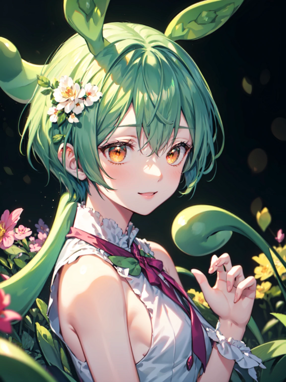 (absurdres), RAW photo, extremely delicate and beautiful, masterpiece, Best Quality, ultra high resolution, 32k, hyperrealistic, ultra-detailed,1 femboy, short green hair, light orange eyes, happy mood, from front, bokeh background, landscape, in the flower garden, anime hand drawn illustration, trending pixiv fanbox,